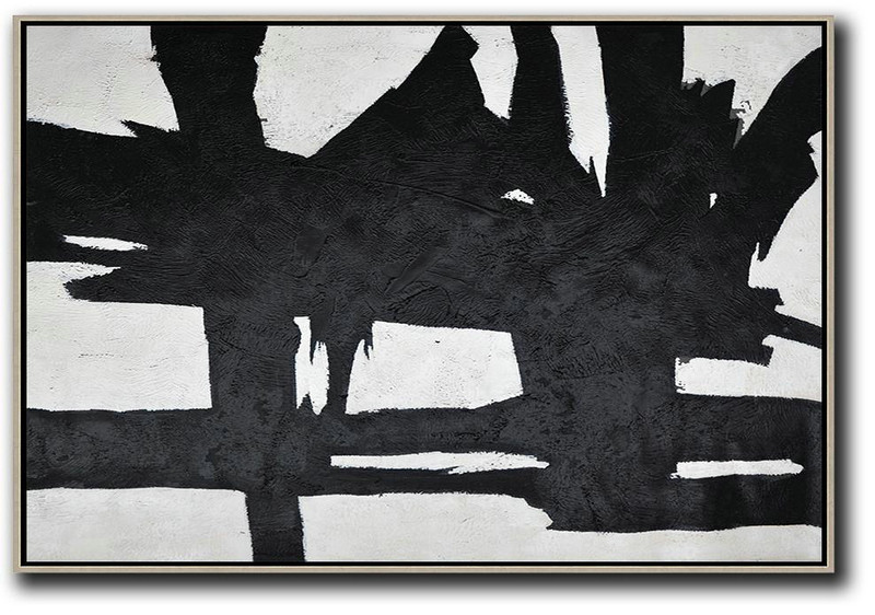 Hand Painted Oversized Horizontal Minimal Art On Canvas, Black And White Minimalist Painting,Modern Abstract Wall Art #P2I4